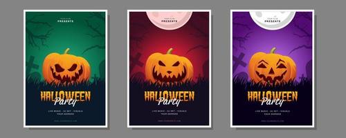 A set of flyers for a party in Helloween style. Vector pumpkin face on modern colorful background for cover, banner, brochure, poster, presentation. Vector illustration