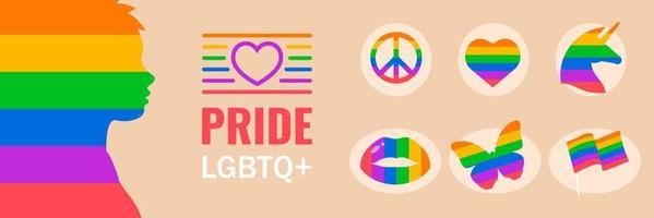 Pride graphics and elements. Love parade symbols. LGBT community signs. Human rights. LGBTQ. Collection of vector objects like rainbow, unicorn, butterfly, pacif, lips, flag and heart.