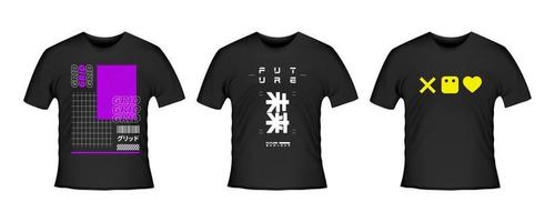 Apparel Collection, T-shirt set with Cyberpunk Designs, Futuristic Prints. Inspired by Japanese culture. For video game fans. vector