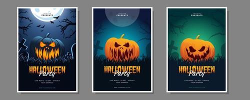 A set of flyers for a party in Helloween style. Vector pumpkin face on modern colorful background for cover, banner, brochure, poster, presentation. Vector illustration