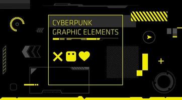 Modern technology abstract graphic with yellow elements and black background. Abstract high tech banner. Digital screen with HUD elements. Futuristic glitch illustration. vector