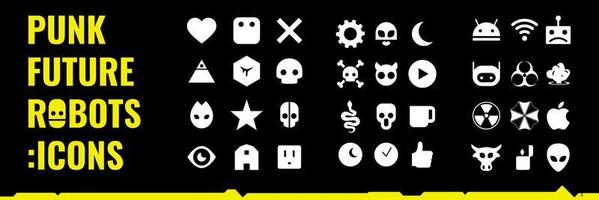 Icon set in futuristic style, cyberpunk elements, robots emoticons collection, vector symbols of cyborgs, aliens and monsters