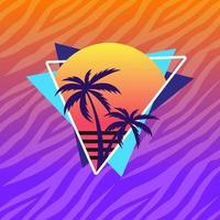 Vector Illustration for T-shirt with Palms and Sunset. 80's and 90's Apparel. Glam Rock style. Retro print for clothing.