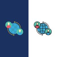 conexiones conectadas usuario internet iconos globales plano y línea llena conjunto de iconos vector fondo azul