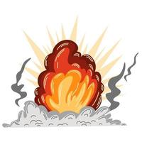 Explosion. Cartoon dynamite or bomb explosion, fire. Boom clouds and smoke element. Dangerous explosive detonation, Atomic bomb explosion. Vector hand draw illustration.