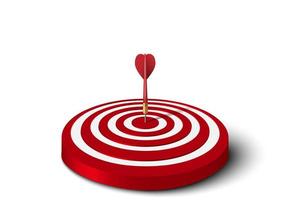 Close up of red dart hit to center of red dartboard on floor. Arrow on bullseye in target. Business success, investment goal, opportunity challenge, strategy, achievement project concept. 3d vector