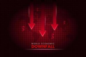 World economic downfall red background with falling arrow and world map. vector