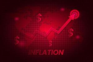 fondo de inflación en color rojo con gráfico, mapa mundial y dólar. aumento de los precios de los bienes y recesión del valor del dinero. crisis económica y riesgo empresarial vector