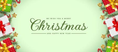 fondo de navidad y año nuevo. banner de navidad con caja de regalos realistas pino abeto árbol exuberante, bastón de caramelo, bolas de oro. bueno para tarjetas de felicitación, ilustración de vectores de carteles