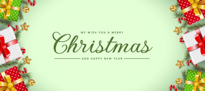 Christmas and New Year background. Xmas banner with realistic gifts box pine fir lush tree, Candy cane, Golden Balls. Good for greeting card, poster vector illustration
