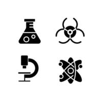 Laboratory research black glyph icons set on white space. Medical lab equipment. Chemical experiment. Biohazard warning sign. Silhouette symbols. Solid pictogram pack. Vector isolated illustration