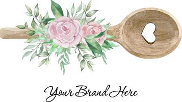 Watercolor bakery logo wooden spoon with flowers and greenery. Illustration for home bakery vector