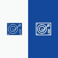 dispositivo de cubierta reproductor de fonógrafo línea de grabación e icono de glifo sólido línea de banner azul e icono de glifo sólido vector