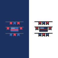 empavesados fiesta decoración iconos americanos plano y lleno de línea conjunto de iconos vector fondo azul