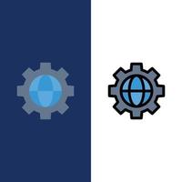 Gear Setting Globe  Icons Flat and Line Filled Icon Set Vector Blue Background