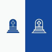 muerte tumba lápida rasgadura línea y glifo icono sólido línea de banner azul y glifo icono sólido azul bann vector