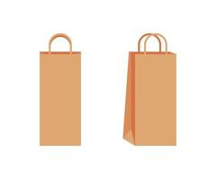 Paper bag with handle template of shopping. Brown craft paper pack for gift, food, item. Take Away, delivery service in eco bag. Mockups front and half turn. Vector illustration