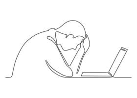 Tired person man work on laptop, problem and fail, continuous one art line drawing. Burnout, stress. Low energy from fatigue, exhausted. Male holds his head from failure, trouble. Vector