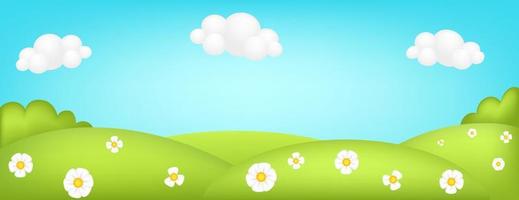 Meadow panorama 3d vector illustration. Bright landscape of green valley kids background. Colorful cute scenery with spring green grassland, trees, flowers, blue sky, clouds for children's sites.