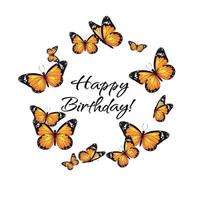 círculo de mariposa monarca volador realista amarillo sobre un fondo blanco. plantilla redonda de banner de feliz cumpleaños. ilustración vectorial diseño de impresión decorativa. alas de hadas de colores.