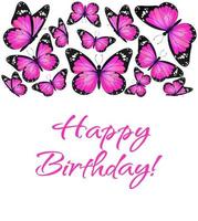 mariposa monarca voladora rosa realista sobre un fondo blanco. plantilla de banner de feliz cumpleaños. ilustración vectorial diseño de impresión decorativa. alas de hadas de colores.