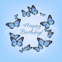 círculo de mariposa monarca volador realista azul sobre un fondo azul. plantilla redonda de banner de feliz cumpleaños. ilustración vectorial diseño de impresión decorativa. alas de hadas de colores. vector