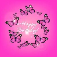 círculo de mariposa monarca con chispa voladora realista rosa sobre un fondo magenta. plantilla redonda de banner de feliz cumpleaños. ilustración vectorial diseño de impresión decorativa. alas de hadas de colores.