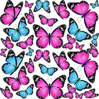 patrón de mariposa monarca voladora realista rosa y azul sobre un fondo blanco. telón de fondo de ilustración vectorial. diseño de impresión de textura decorativa. plantilla de alas de hadas coloridas.