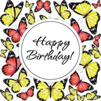 Yellow red realistic flying monarch butterfly circle on a white background. Happy Birthday banner round template. Vector illustration. Decorative print design. Colorful fairy wings.