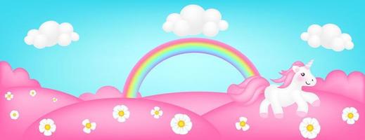 ilustración de vector de panorama de pradera. paisaje brillante de fondo rosa para niños del valle. Escena linda y colorida con árboles de caramelo de fantasía, flores, cielo azul, arco iris, nubes de unicornio para sitios infantiles.