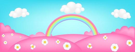 Meadow panorama 3d vector illustration. Bright landscape of pink valley kids background. Colorful cute scenery with fantasy grassland, trees, flowers, blue sky, rainbow, clouds for children's sites.