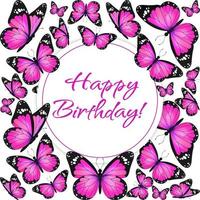 círculo de mariposa monarca voladora realista rosa sobre un fondo blanco. plantilla redonda de banner de feliz cumpleaños. ilustración vectorial diseño de impresión decorativa. alas de hadas de colores.