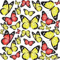 Yellow and red realistic flying monarch butterfly pattern on a white background. Vector illustration backdrop. Decorative texture print design. Colorful fairy wings template.