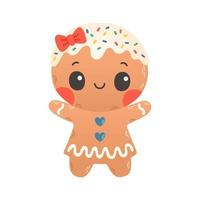 Holiday gingerbread woman cookie. Cookie in shape of woman with colored icing. Happy new year decoration. Vector illustration in flat style