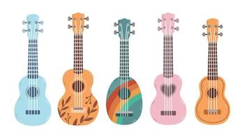 Set of ukulele in different colors and sizes. Popular music instrument. Vector illustration