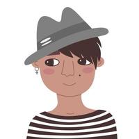 Portrait of a casual smiling tanned woman with pixie hair style. Vector flat illustration of a young androgynous girl with hat. A lady in striped long sleeve. Drawn cartoon avatar for social network.
