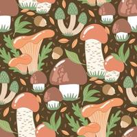 Hand-drawn seamless pattern with wild mushrooms and autumn leaves. Colorful seasonal illustration for paper and gift wrap. Fabric print design. Creative stylish background. vector