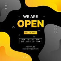 we are open banner design with yellow fluid shapes on black background vector