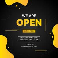 we are open banner design with yellow fluid shapes on black background vector