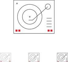 dispositivo de cubierta reproductor de fonógrafo registro conjunto de iconos de línea negra en negrita y delgada vector