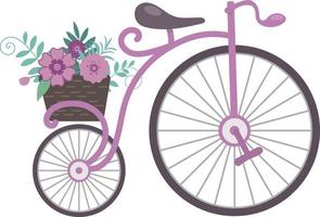 Retro vintage pink bicycle with a basket of flowers, cartoon flat style illustration vector