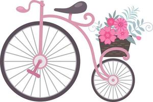 Retro vintage pink bicycle with a basket of flowers, cartoon flat style illustration vector