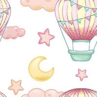 moon, stars and hot air balloon, pattern in boho cartoon style, seamless pattern vector