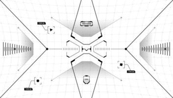 Pantalla ciberpunk de interfaz futurista digital vr hud. tecnología de realidad virtual de ciencia ficción head up display target. Panel de tablero de instrumentos de nave espacial en blanco y negro con tecnología gui ui. visor de vector de visor fui