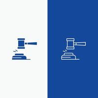acción subasta tribunal mazo martillo juez ley línea legal y glifo icono sólido línea de bandera azul y gly vector