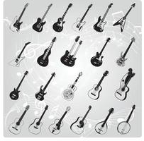 Variety of electric guitars and bass sketch or silhouette vector
