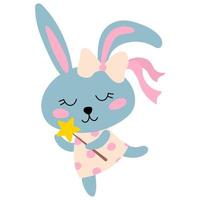 Cute hand drawn bunny with magic wand. White background, isolate. vector illustration.