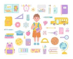 School set of decorative elements for studying with cute boy student. Back to school concept. Vector flat illustration in hand drawn style on white background