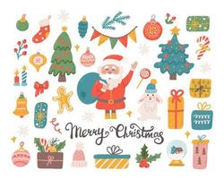 Christmas set of decorative elements and characters for design. Santa Claus, rabbit, Christmas toys and gifts. Vector flat illustration on white background in hand drawn style