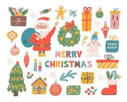 conjunto navideño de elementos decorativos y personajes para el diseño. santa claus, conejo, pan de jengibre y regalos. ilustración vectorial plana sobre fondo blanco en estilo dibujado a mano vector